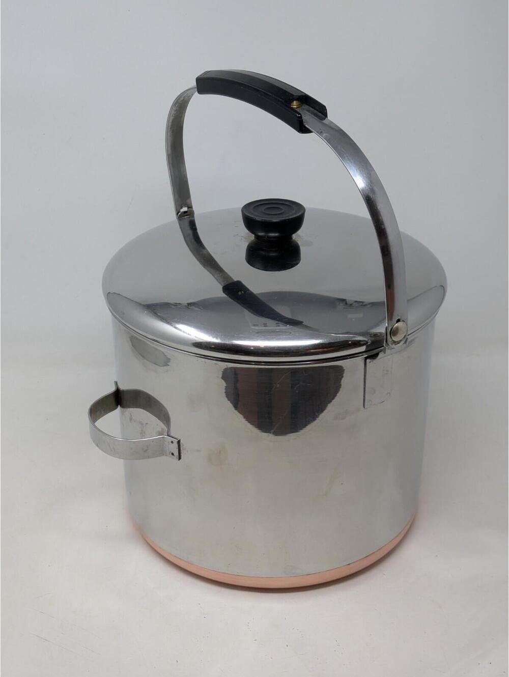 Revere Ware 1801 Vintage 8 QT Locking Bail Handle Copper Bottom Stock Pot W/Lid